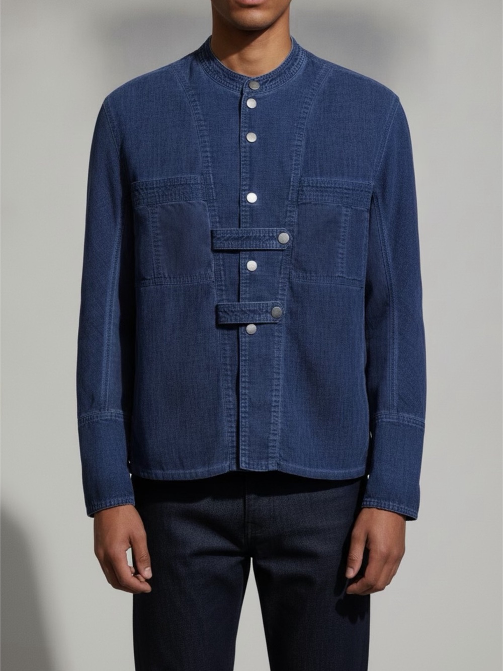 NaumMen's Indigo Blue Band-Collar Lightweight Shirt Jacket Sz S